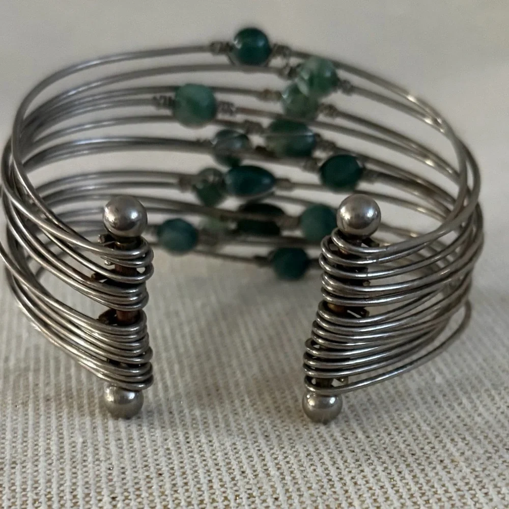 Handcrafted Green Beaded Multi-Row Wire Cuff Bracelet